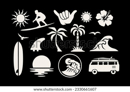 Vector surfing elements. Tropical summer illustrations. Waves, pam trees, and birds. 