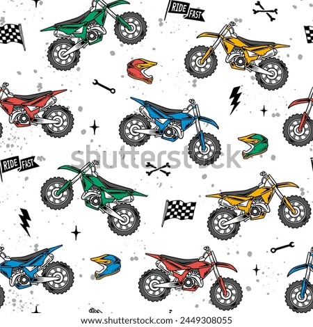 Vector motocross seamless pattern. Dirt bike cartoon repeat pattern.