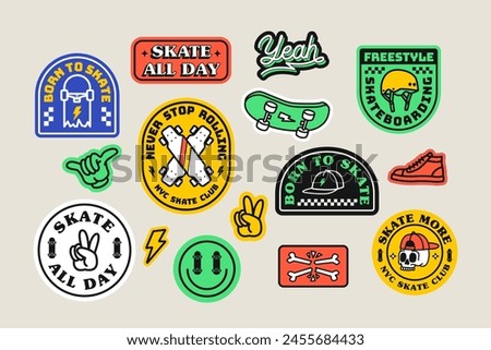 Set of vector skateboard badges, including lightning, peace hand sign, hat, shoes, skull, hat, helmet and skateboard. 