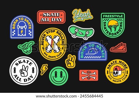 Set of vector skateboard badges, including lightning, peace hand sign, hat, shoes, skull, hat, helmet and skateboard. 