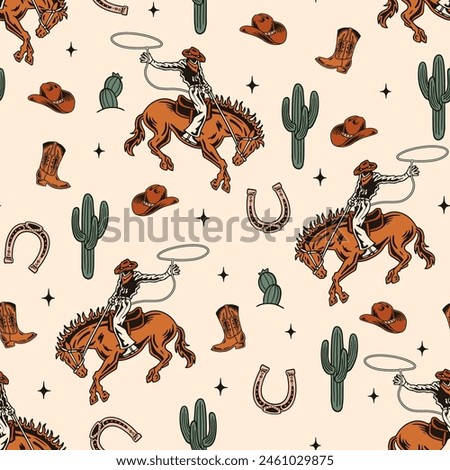 Western Themed Vector Seamless Pattern. Cactus, Cowboy Seamless Repeat Design. Boho Seamless Pattern 