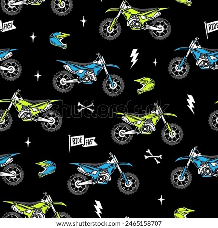 Vector motocross seamless pattern. Dirt bike cartoon repeat pattern.
