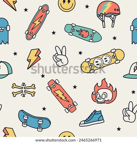 Skateboard seamless pattern. Skateboard background.Vector line art style seamless pattern with illustrations of skateboards, lightning, caps, and hand signs.