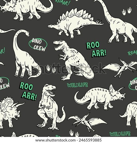 Dinosaur seamless pattern. Hand drawn vector dinosaurs with background view. Pattern with Tyrannosaurus Rex, Stegosaurus, Brachiosaurus, Triceratops, and Pterodactyl cartoons.