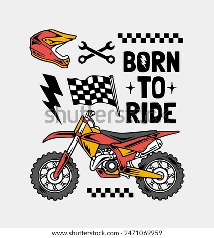 Vector graphic set with a dirt bike, helmet, wrench, checkered flag, and 