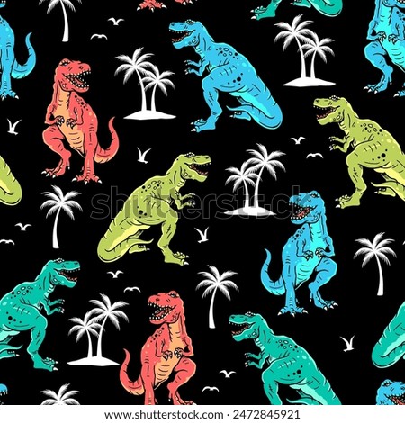 Colorful dinosaur seamless pattern with T-Rex illustrations, palm trees, and birds. Perfect for children's textiles, wallpapers, and playful designs. Vibrant, fun, and eye-catching.