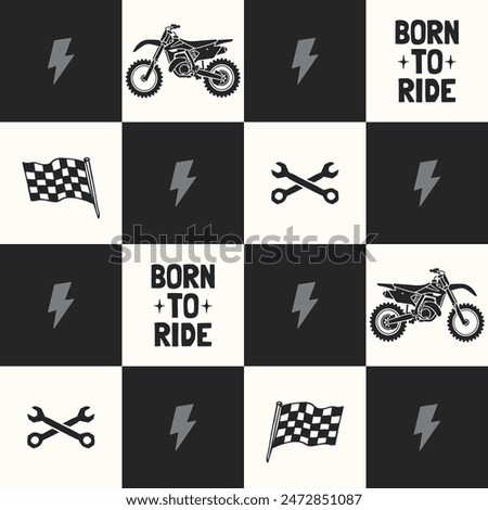 Seamless pattern with dirt bikes, checkered flags, wrenches. Motocross themed seamless pattern. 