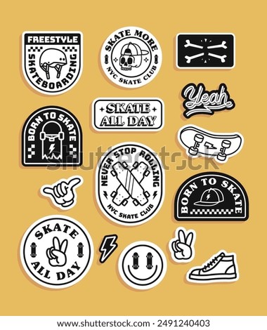 Set of vector skateboard badges, including lightning, peace hand sign, hat, shoes, skull, hat, helmet and skateboard.