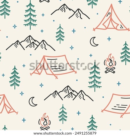 Seamless vector pattern featuring camping elements like tents, campfires, mountains, trees, moons, and stars. Ideal for outdoor adventure designs, fabrics, and wallpapers.