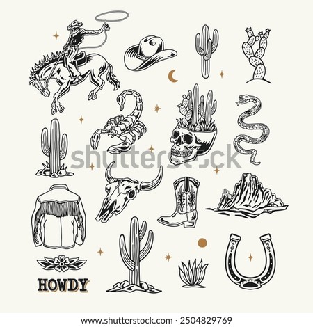 A Western-themed vector graphic set featuring cowboy elements such as a rodeo rider, hat, boots, cacti, skulls, a scorpion, snake, horseshoe, and mountain landscape.