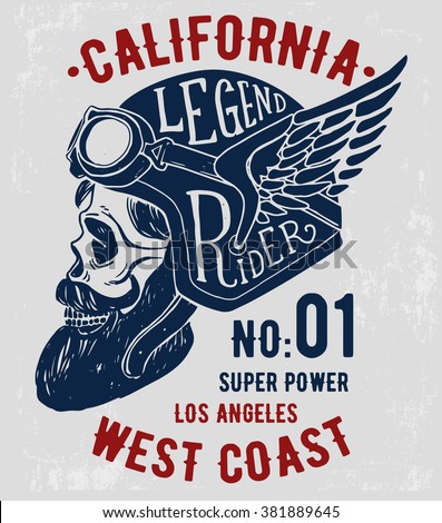 Rider skull with retro racer helmet. T-shirt graphics. Vintage style. Vectors.