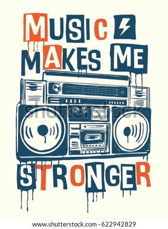 Music makes me stronger slogan graphic with cassette player for t shirt and other uses.