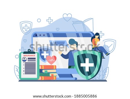 health care online webinars. woman sit on medical shield watch online webinars. online webinars, online courses, training, insurance. can be used for landing pages, web, banners, templates.