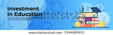 Investment in education concept Web Banner Design. students study on stack of books and stack of coins. saving money for education, scholarship, student loan. header or footer banner illustration