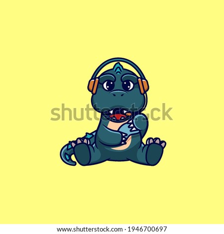 kawaii character. cute lizard gaming with headphone and console cute cartoon vector illustration. animal game icon. flat cartoon style