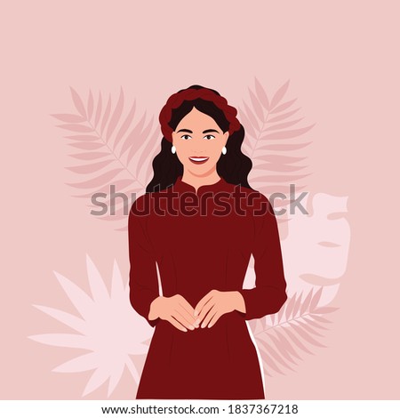 Vector illustration portrait Vietnamese woman wear traditional red long dress Ao Dai or young gird Asian in traditional dress. Concept for poster, banner, travel, tourism in Vietnam