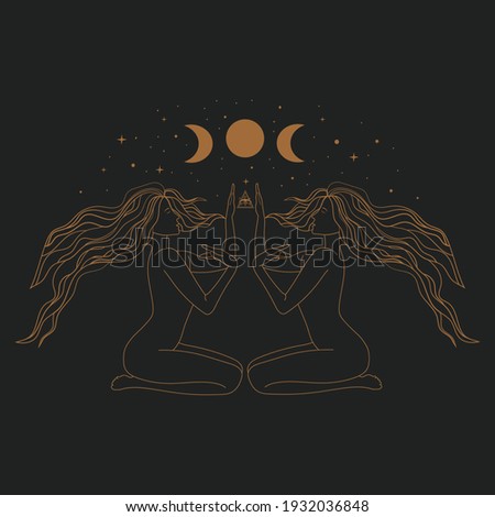 Sacred Witch or magic woman and mystical Symbols. Flat vector illustration. Ornament two beautiful girls in a yoga pose. Lotus meditation. International yoga day card. Vector illustration.