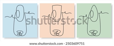 Close up of fingers with oval, flare and mountain peak nail forms. Simplicity vector illustration. Continuously line drawing. Monoline simplicity design. Vector beauty design.