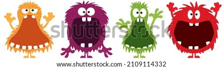 Set of Monster with big open mouths, cute yeti, colourful,  strawberry, blueberry, pear, mango, papaya