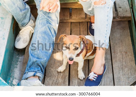 dog in a wooden boat on the background of men and women, holding hands
