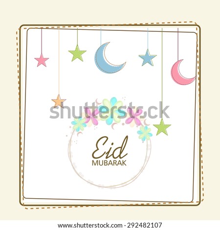 Arabic Islamic card Eid Mubarak on floral decorated colorful background for muslim community festival Eid Mubarak.