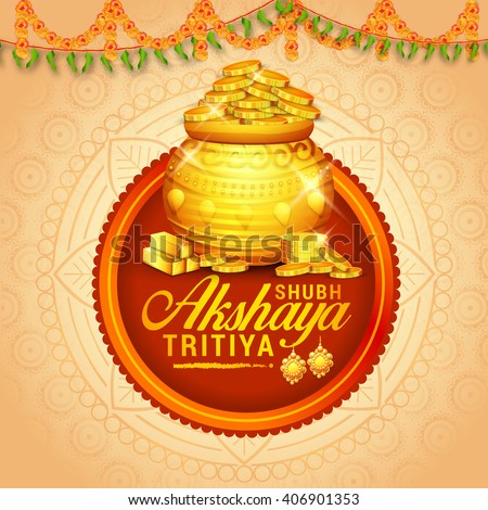 Vector illustration of Akshaya Tritiya celebration with a golden kalash fill up with gold coins, gold bar on decorated background.