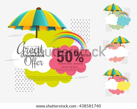 Vector illustration,sale banner,sale poster for Monsoon season raining drops,colorful umbrella with text space background.