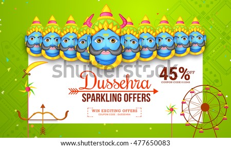 Creative illustration,sale banner or sale poster for Dussehra celebration with ten headed Ravana.