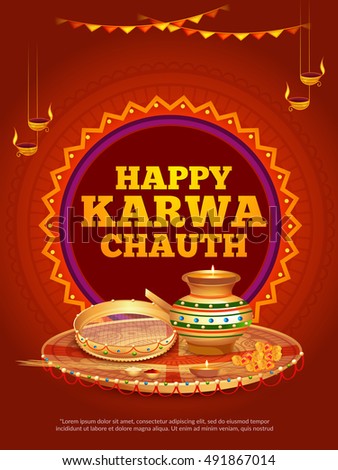 Creative concept with decorated pooja thali for indian festival of karwa chauth celebration.