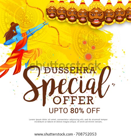 Creative illustration,sale banner or sale poster for Dussehra celebration with ten headed Ravana.