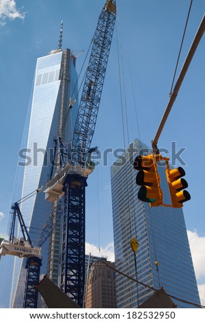 NEW YORK - JULY 29, 2013,USA: Construction continues on One World Trade Center as the landmark building nears completion in Lower Manhattan
