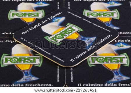 GERMANY,STRASBOURG - November 9, 2014: Beermats from Fprst beer.Forst is an Italian brewing company, based in Forst, a frazione (municipal subdivision) of Algund, South Tyrol