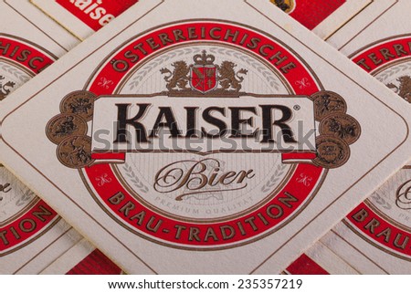 AUSTRIA,LINZ-July 7,2014: Kaiser Beer is the most popular beer brewed in Linz. The beer brand has a long history and exisits since 1837.