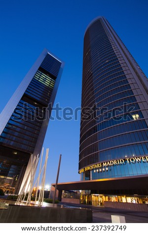 Madrid,Spain-August 28,2010: Cuatro Torres Business Area is a business district in Madrid.The area contains the tallest skyscrapers in Spain-Torre Espacio,Torre de Cristal,Torre PwC,Torre Caja Madrid