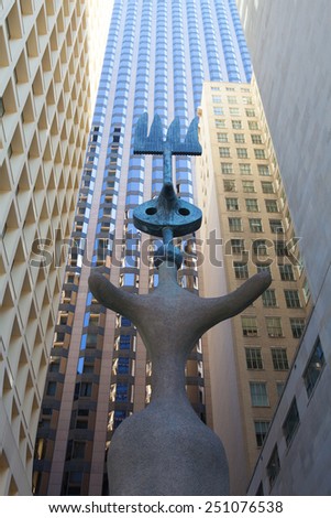 Chicago,USA-July 13,2013:Sculpture by Spanish artist Joan Miro.Tucked in alcove in front of Cook County Administration building,sculpture is made of steel,wire mesh, concrete,bronze and ceramic tile.