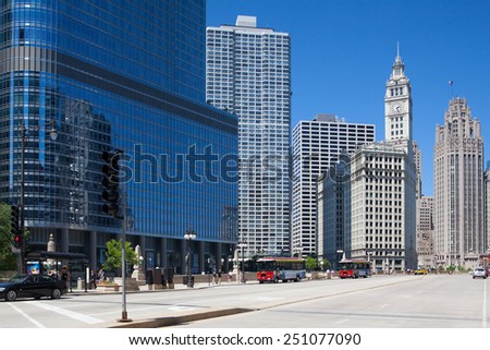 Chicago,USA-July 13,2013: Famous Wrigley building and Trump tower in Chicago.The Wrigley Building is a skyscraper  with two towers (South Tower and North Tower). The Trump Tower was completed in 2008.