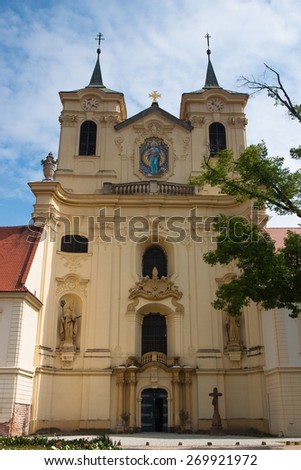 Rajhrad,Czech Republic-April 29, 2009:Rajhrad Benediktine Monastery. It is the oldest monastery in Moravia. Giovanni B.Santini was the architect of the Baroque reconstruction of the monastery complex.