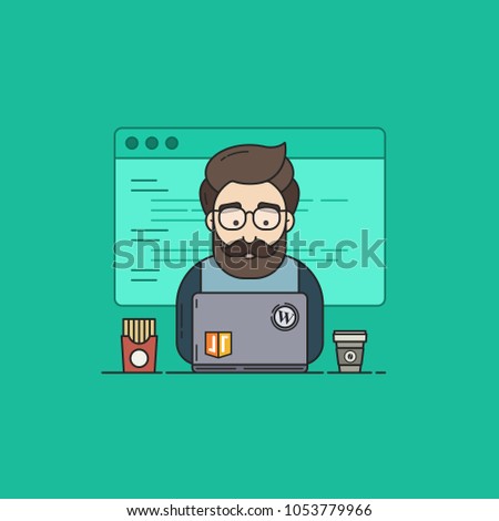 Flat Vector Illustration in Outline Style of a Coder or Geek in Programming Participates in Hackathon