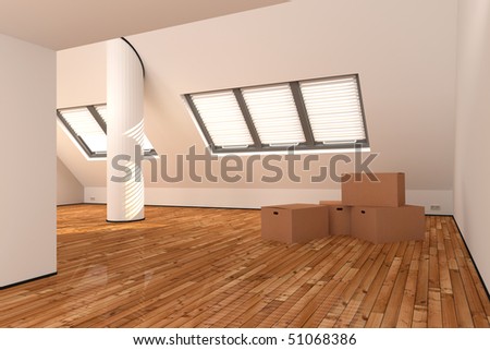 Empty apartment with parquet floor, packing cases and window