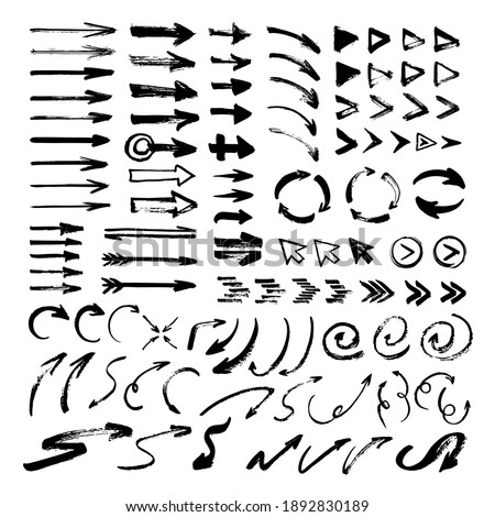 Big collection of arrows. One-stroke drawing. Hand-drawn by brush. Straight, round, thick, thin, spiral signs and icons.