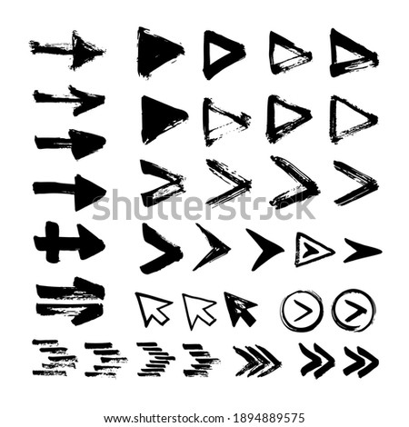 Collection of arrows. One-stroke drawing. Hand-drawn by brush. Straight, round, thick, thin, spiral signs and icons.