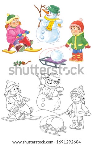 Idigitalstock Royalty Free Stock Images And Videos Four Seasons Winter Cute Boy And Girl Are Playing Outdoors Coloring Book Coloring Page Illustration For Children Cute And Funny Cartoon Characters Educational Book