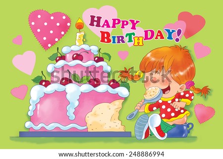 A baby girl, sitting on the pot, eating her birthday cake with one candle.. First birthday. Greeting card. Illustration for children