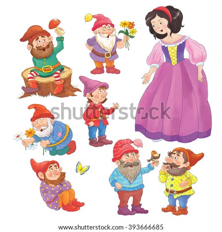 The Snow White And Seven Dwarfs. Fairy Tale. Cute Seven Dwarfs And ...