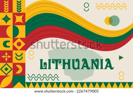 Lithuania banner with cultural design. Independence day design for Lithuania celebration. Modern neo geometric retro design with flag, map and abstract icons. Red and Green. Vector Illustration