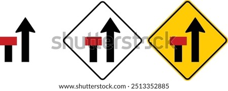 icon Left lane ends sign yellow outline traffic warning sign design for yellow background and black and white background