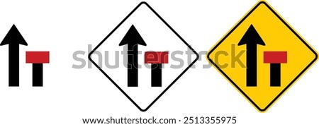 icon Right lane ends sign yellow outline traffic warning sign design for yellow background and black and white background