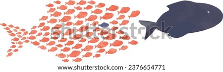 Illustration of many small fish gathering to chase a big fish