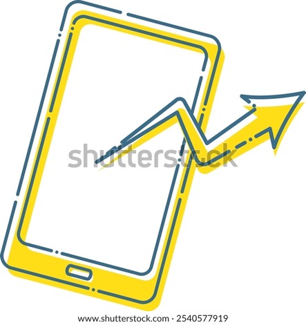 Illustration of an image of sending and receiving data with a yellow smartphone with a blue dashed line