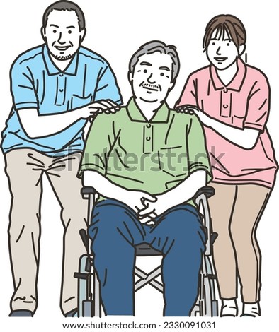 Male and female caregivers and senior men on wheelchairs
